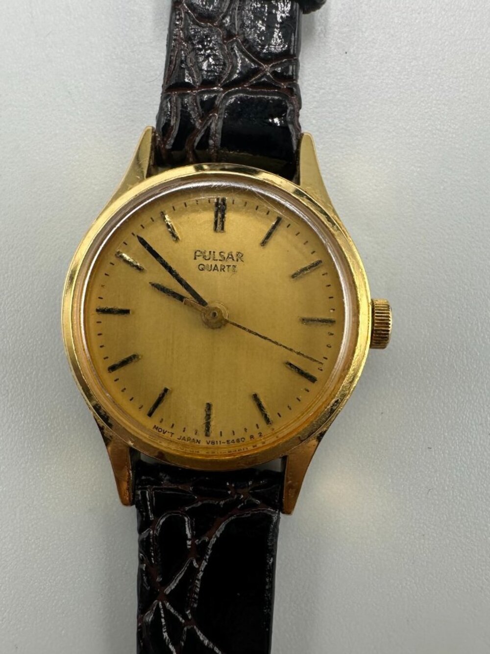 Vintage Pulsar Watch Women Gold Tone 21MM Dial Leather Band New Battery 7.5 Inch